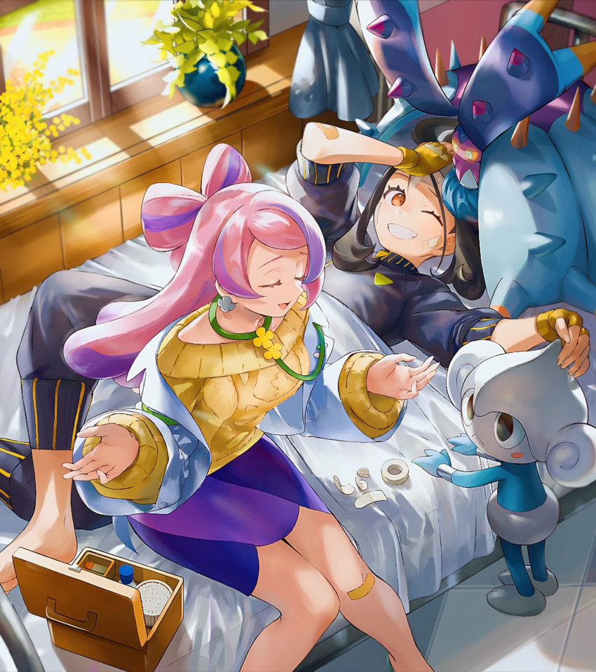 2girls bandaid bandaid_on_knee bandaid_on_leg barefoot bed black_jacket black_pants box closed_eyes coat commentary_request curtains dendra_(pokemon) earrings eyelashes fingerless_gloves flower gen_3_pokemon gen_7_pokemon gloves highres indoors jacket jewelry knees_together_feet_apart long_hair long_sleeves lying meditite mimosa_(flower) miriam_(pokemon) multiple_girls nintendo on_back on_bed open_clothes open_coat orange_mikan pants pink_hair pokemon pokemon_(creature) pokemon_sv purple_skirt sitting skirt sweater toxapex window yellow_gloves yellow_sweater