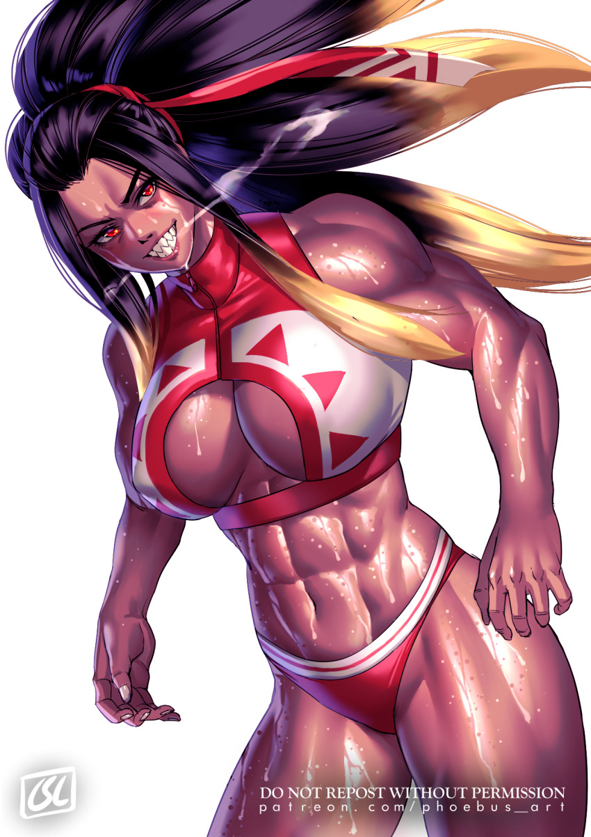 1girl abs bare_arms bare_legs biceps black_hair breasts cleavage_cutout clothing_cutout colored_tips dark-skinned_female dark_skin deltoids highres huge_breasts long_hair long_ribbon looking_at_viewer mentari_(phoebus_art) multicolored_hair muscular muscular_female original panties phoebus_art ponytail quads red_eyes red_panties sharp_teeth shiny_skin sleeveless_turtleneck_crop_top smile sweat teeth thick_thighs thighhighs thighs underwear v-shaped_eyebrows wet
