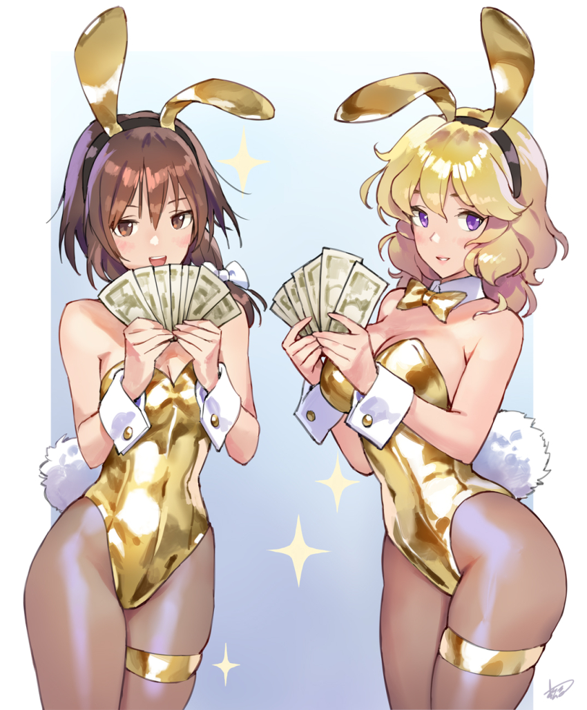 2girls :d animal_ears bare_shoulders black_hairband blonde_hair blue_background blush bow bowtie breasts brown_eyes brown_pantyhose cleavage covered_navel cowboy_shot detached_collar fake_animal_ears fake_tail gradient_background hair_bow hairband highres holding holding_money large_breasts leotard long_hair looking_at_viewer maribel_hearn matsuda_(matsukichi) medium_breasts medium_hair money multiple_girls open_mouth pantyhose parted_lips playboy_bunny purple_eyes smile sparkle strapless strapless_leotard tail thigh_strap touhou traditional_bowtie usami_renko white_bow wrist_cuffs yellow_bow yellow_bowtie