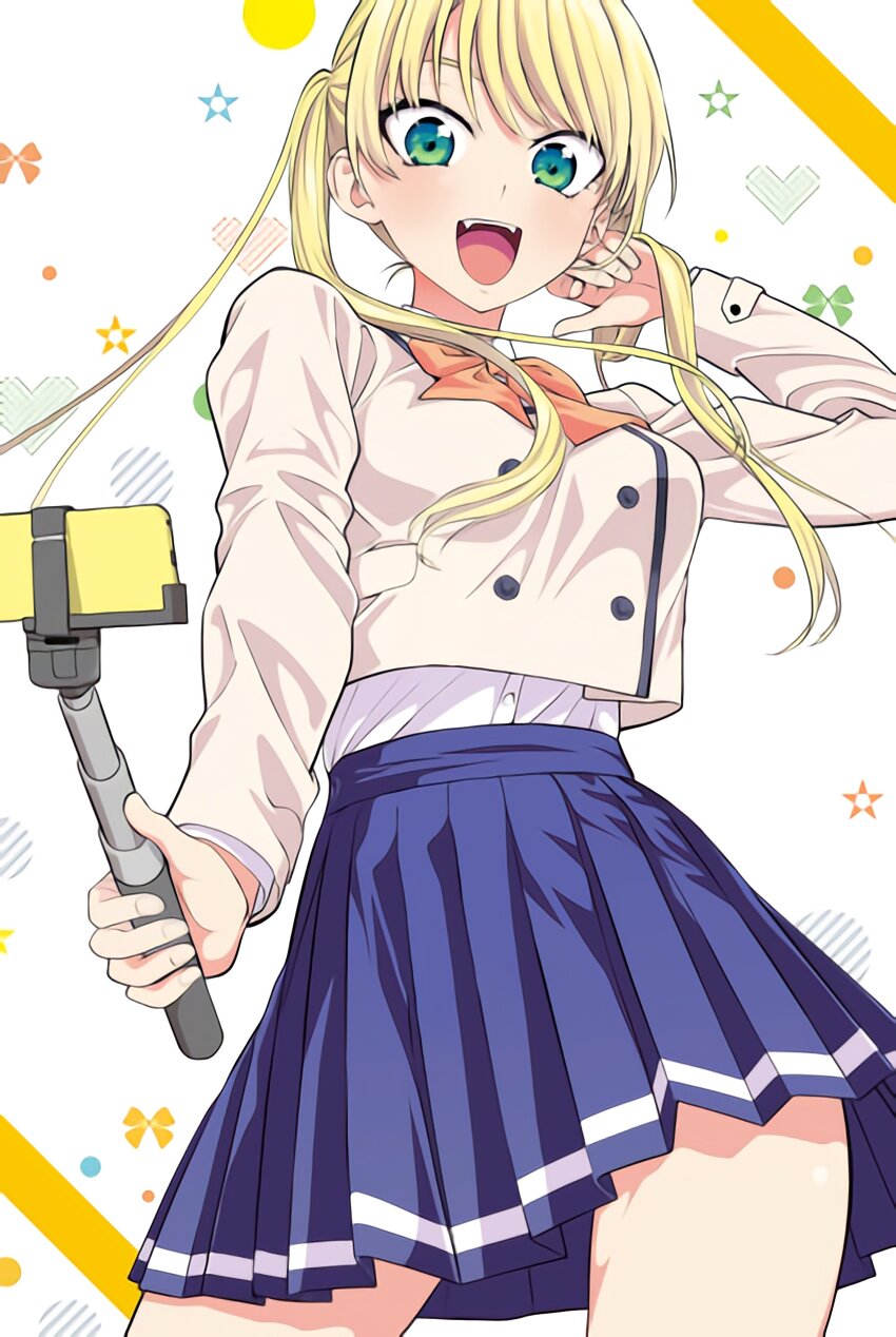 1girl absurdres blazer blonde_hair blue_skirt blush bow bowtie breasts cellphone cleaned cover cover_page dot_nose fangs female_focus green_eyes highres hiroyuki hoshizaki_rika_(kanojo_mo_kanojo) jacket kanojo_mo_kanojo large_breasts long_hair long_sleeves looking_at_viewer manga_cover miniskirt official_art open_mouth orange_bow orange_bowtie phone pleated_skirt school_uniform selfie_stick shirt shirt_tucked_in skirt smartphone smile solo solo_focus teeth thighs twintails upper_teeth_only white_shirt