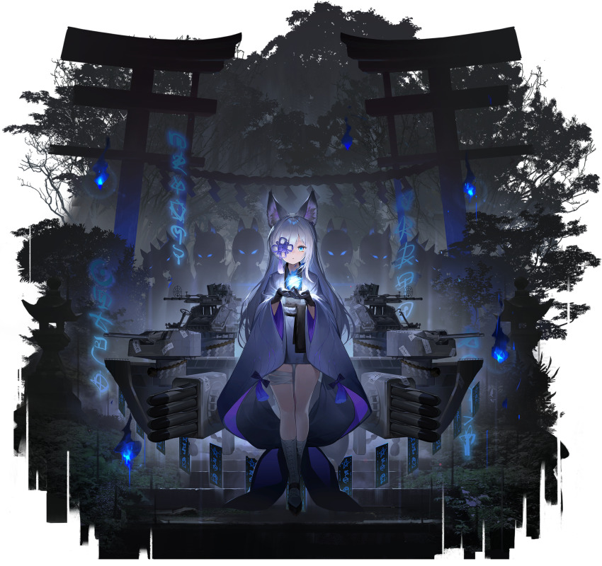 1girl 6+others absurdres animal_ear_fluff animal_ears artist_request azur_lane bandaged_leg bandages black_footwear black_gloves blue_eyes blue_fire bow cannon character_request check_character closed_mouth fire floating floating_object flower forest fox_ears fox_girl fox_tail full_body gloves glowing glowing_eyes grey_hair hair_between_eyes hair_ornament hair_over_one_eye hands_up highres hitodama holding japanese_clothes kasumi_(azur_lane) kasumi_(meta)_(azur_lane) kimono kitsune kneehighs long_hair long_sleeves looking_at_viewer machinery multiple_others nature night non-web_source obi official_art ofuda one_eye_covered outdoors platform_footwear ribbon rigging rope sash shide shimenawa ship_turret shoes shrine sidelocks silhouette socks stairs standing stone_lantern tail tassel torii torpedo_launcher torpedo_tubes transparent_background tree weapon wide_sleeves