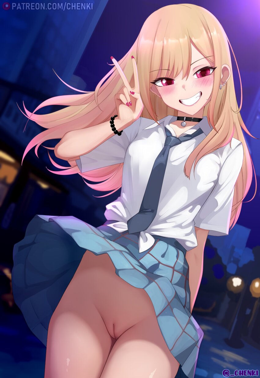 1girl absurdres black_choker blonde_hair blue_necktie blue_sky blush breasts chenki_(chenki) choker clothes_lift commentary cowboy_shot english_commentary highres kitagawa_marin looking_at_viewer necktie night night_sky no_panties open_mouth outdoors paid_reward_available patreon_username pussy red_eyes red_nails shirt skirt skirt_lift sky smile solo sono_bisque_doll_wa_koi_wo_suru teeth thighs twitter_username uncensored v white_shirt wind wind_lift