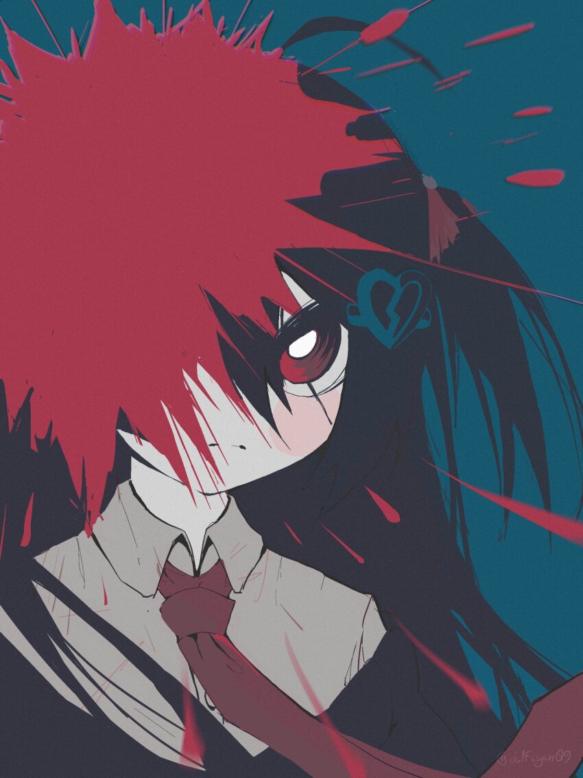 1girl black_cardigan black_hair black_necktie blush_stickers broken_heart_hair_ornament cardigan closed_mouth collared_shirt dalfagan dress_shirt evil_neuro-sama hair_ribbon highres long_hair necktie neuro-sama off-shoulder_cardigan red_eyes red_ribbon ribbon shirt simple_background solo two_side_up upper_body vedal_ai virtual_youtuber white_shirt