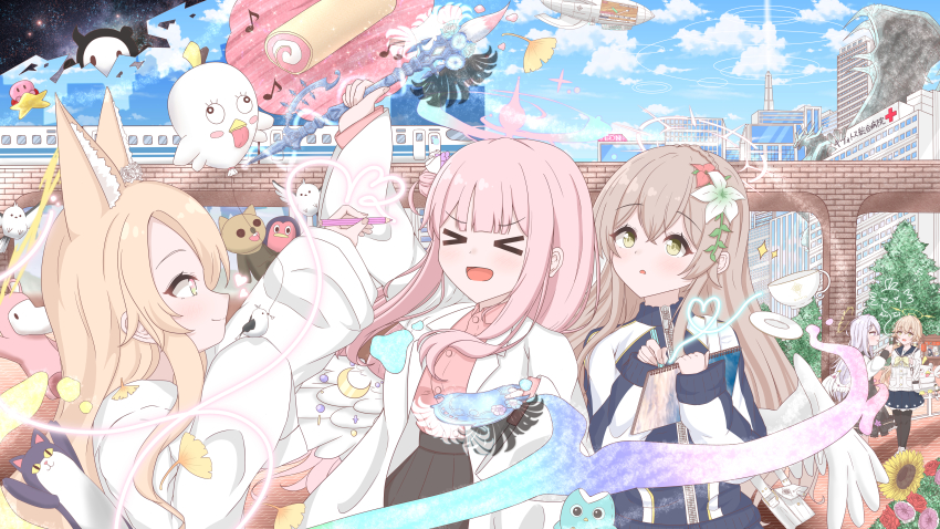 &gt;_&lt; 5girls :d absurdres alternate_costume animal_ear_fluff animal_ears azusa_(blue_archive) bird bird_on_hand blonde_hair blue_archive blue_sky blunt_bangs blush brown_hair cake closed_mouth cloud commentary_request cup day extra_ears flower food fox_ears fox_girl hair_flower hair_ornament heart heart_of_string hifumi_(blue_archive) highres holding holding_pen jacket long_sleeves mika_(blue_archive) mochiusa_cocoa multiple_girls musical_note nagisa_(blue_archive) open_mouth outdoors pen peroro_(blue_archive) pink_flower pink_hair profile school_uniform seia_(blue_archive) serafuku sky sleeves_past_wrists smile swiss_roll tea_party_(blue_archive) teacup track_jacket upper_body white_flower wide_sleeves