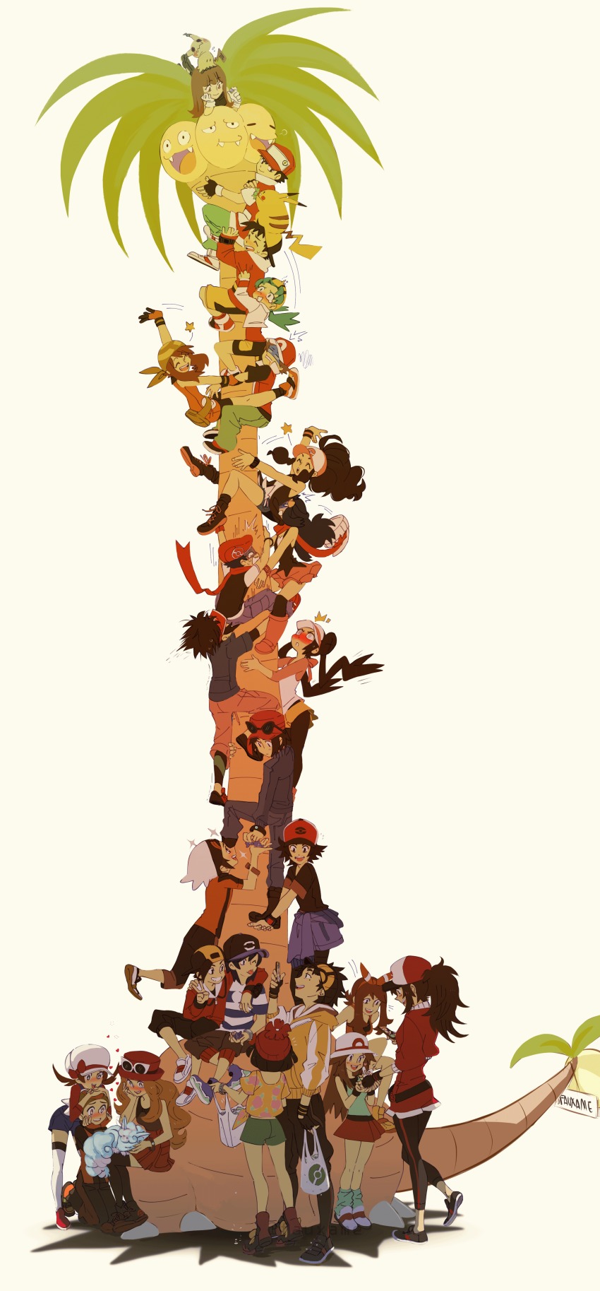 00s 10s 1990s_(style) 6+boys 6+girls :d :p ^^^ absurdres alolan_exeggutor alolan_form alolan_vulpix bag beanie blush brendan_(pokemon) brendan_(pokemon_emerald) brendan_(pokemon_oras) calem_(pokemon) candy climbing cutiefly dawn_(pokemon) dual_persona elio_(pokemon) ethan_(pokemon) ethan_(pokemon)_(classic) everyone exeggutor female_protagonist_(pokemon_go) food gen_1_pokemon gen_7_pokemon green_(pokemon) hat heart highres hilbert_(pokemon) hilda_(pokemon) kris_(pokemon) leaf_(pokemon) leggings long_neck lucas_(pokemon) lyra_(pokemon) male_protagonist_(pokemon_go) may_(pokemon) may_(pokemon_emerald) may_(pokemon_oras) mimikyu multiple_boys multiple_girls multiple_heads multiple_persona nate_(pokemon) nintendo on_head open_mouth pantyhose pikachu pokemon pokemon_(creature) pokemon_adventures pokemon_bw pokemon_bw2 pokemon_dppt pokemon_frlg pokemon_go pokemon_gsc pokemon_hgss pokemon_on_head pokemon_oras pokemon_rgby pokemon_rgby_beta pokemon_rse pokemon_sm pokemon_xy prototype_design raw_gummy red_(pokemon) red_(pokemon_frlg) retro_artstyle rosa_(pokemon) selene_(pokemon) serena_(pokemon) shopping_bag short_shorts shorts skirt smile star-shaped_pupils star_(symbol) symbol-shaped_pupils thighhighs tongue tongue_out unworn_hat unworn_headwear v vulpix