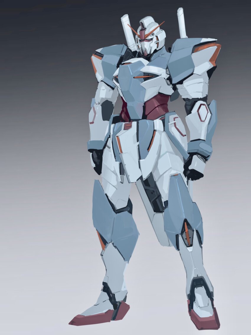 full_body gradient_background green_eyes gundam highres looking_ahead mecha mobile_suit no_humans original rintaro_komori robot science_fiction solo standing v-fin