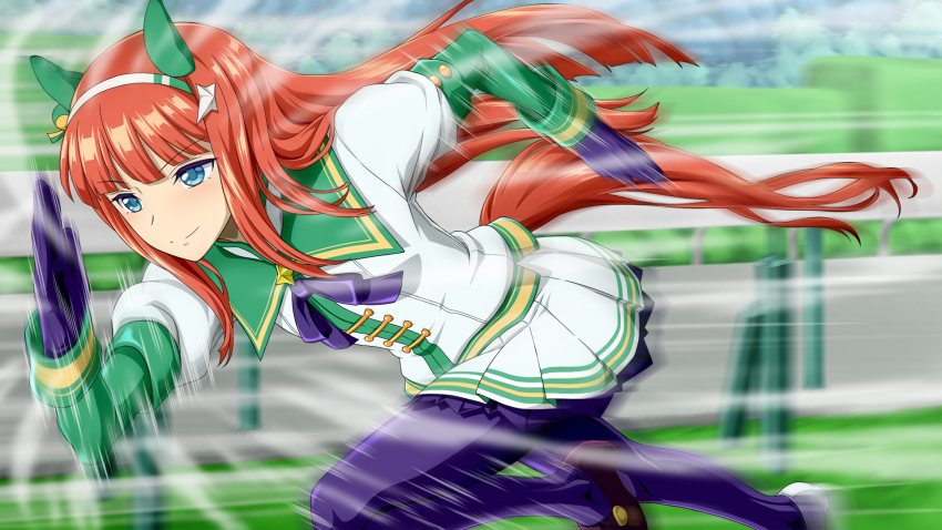 1girl afterimage animal_ears asymmetrical_footwear blue_eyes blunt_bangs bow bowtie ear_covers from_side gloves hairband highres hime_cut horse_ears horse_girl horse_racing_track horse_tail kitsutsuki_(dzgu4744) long_hair mismatched_footwear motion_blur orange_hair orange_tail pantyhose pleated_skirt purple_bow purple_bowtie purple_gloves purple_pantyhose running silence_suzuka_(umamusume) skirt smile solo tail textless_version umamusume white_hairband white_skirt