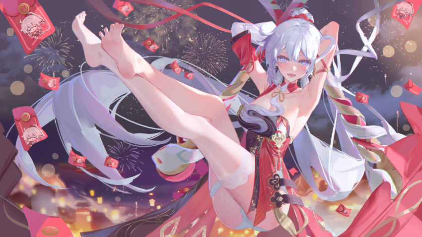 1girl :d absurdres aerial_fireworks armpits arms_behind_head barefoot black_dress blue_eyes blush breasts check_clothing chinese_commentary chromatic_aberration cleavage clothing_request collarbone comet-c commentary_request crossed_legs detached_sleeves dress feet fireworks highres hongbao honkai_(series) honkai_impact_3rd kiana_kaslana kiana_kaslana_(ba-dum!_fiery_wishing_star) large_breasts legs_up long_hair looking_at_viewer night night_sky open_mouth outdoors panties pink_pupils single_thighhigh sky smile soles solo thighhighs thighs toes underwear white_hair white_panties white_thighhighs