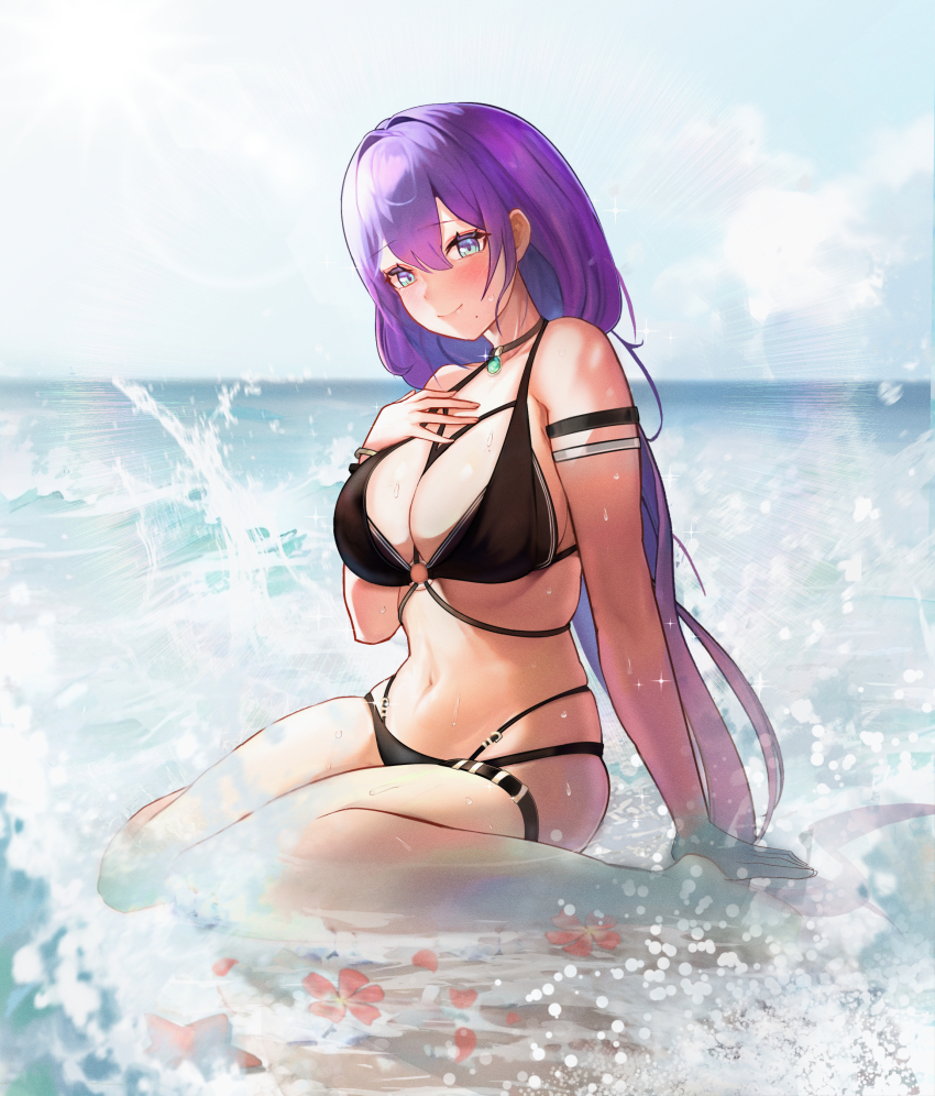 1girl absurdres aeri_(closers) arm_strap art_undertaker barefoot beach bikini black_bikini black_choker blurry blush bokeh bracelet breasts choker cleavage closed_mouth closers collarbone commentary depth_of_field double-parted_bangs english_commentary full_body green_eyes hand_on_own_chest highres jewelry large_breasts legs long_hair mole mole_under_mouth navel ocean outdoors purple_hair rainbow_gradient sand shadow sitting sky smile solo sparkle stomach swimsuit thigh_strap thighs water waves wet yokozuwari