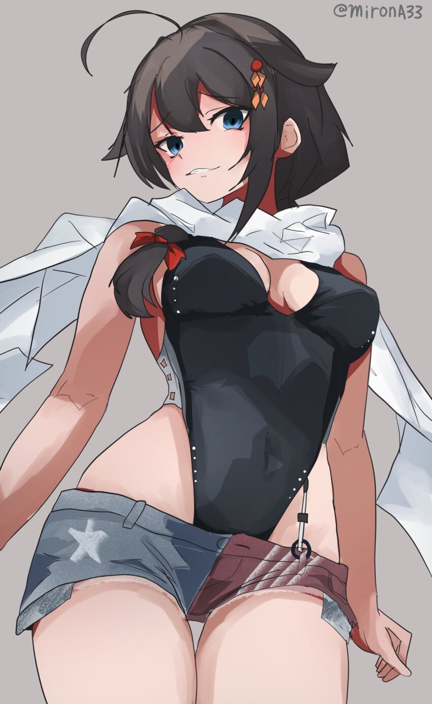 1girl ahoge american_flag american_flag_print american_flag_skirt blue_eyes braid commentary_request cosplay denim denim_skirt flag_print hair_flaps hair_ornament highleg highleg_one-piece_swimsuit highres kantai_collection looking_at_viewer miron_(mirona33) one-piece_swimsuit print_skirt scarf shigure_(kancolle) shigure_kai_ni_(kancolle) signature single_braid skirt solo super_highleg swimsuit twitter_username two-tone_one-piece_swimsuit wahoo_(kancolle) wahoo_(kancolle)_(cosplay) white_scarf