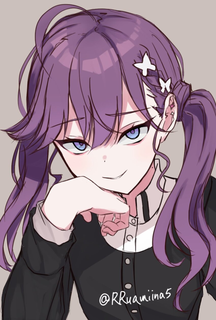 1girl ahoge bags_under_eyes black_jacket braid butterfly_hair_ornament commentary_request evil_smile fujiwara_rein gakuen_idolmaster gokugetsu_academy_school_uniform hair_ornament highres idolmaster jacket kaya_rinha long_hair looking_at_viewer purple_hair school_uniform shirt simple_background smile solo twintails twitter_username upper_body white_shirt