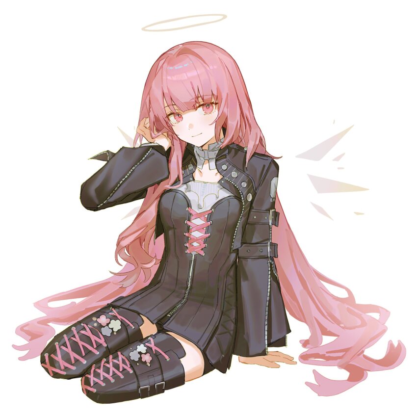1girl arknights black_dress black_jacket boots cleavage_cutout closed_mouth clothing_cutout cnsmsoup detached_wings dress energy_wings flower footwear_flower halo hand_in_own_hair highres jacket lace-up_boots lemuen_(arknights) light_smile long_hair pink_eyes pink_hair simple_background sitting solo thigh_boots traditional_halo very_long_hair white_background white_halo wings