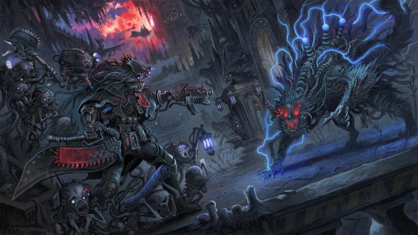 1boy absurdres armor artificial_eye battle bird black_bird blood bloodborne bloody_weapon bolter boots candle chain_axe clock clock_tower coat commentary crossover crow electricity english_commentary fingernails gloves glowing glowing_eyes glowing_mouth gorget gun hat highres holding holding_scroll holding_weapon horns hunter_(bloodborne) inquisition_(warhammer) lantern marton_kapoli mask mechanical_eye messengers_(bloodborne) monster moon mouth_mask multiple_horns purity_seal red_eyes red_moon saw saw_cleaver scroll sharp_fingernails sharp_teeth shoulder_armor skull skull_ornament spacecraft syringe teeth tesla_coil tower tricorne tube warhammer_40k weapon white_hair yharnam