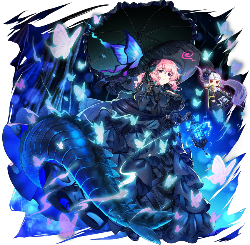 1girl alternate_costume alternate_headwear black_bow black_dress black_hat black_umbrella blue_butterfly bow breasts bug butterfly butterfly_hat_ornament character_doll cleavage closed_mouth doll dragon_tail dress dress_bow frilled_dress frills game_cg gloves hat hat_ornament highres holding holding_lantern holding_umbrella horns insect juliet_sleeves konpaku_youmu lantern large_breasts light_frown long_sleeves looking_at_viewer multiple_horns official_art parasol pink_eyes pink_hair puffy_sleeves rotte_(1109) saigyouji_yuyuko shoes solo tail third-party_source touhou touhou_lostword transparent_background umbrella
