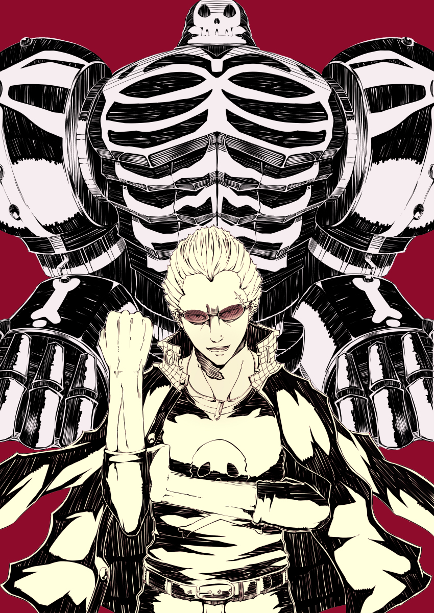 2boys absurdres belt bras_d&#039;honneur clenched_hand dual_persona glasses grin highres jacket jacket_on_shoulders jewelry jolly_roger lightning80 looking_at_viewer male_focus monochrome multiple_boys muscular necklace nose_piercing open_mouth pants persona persona_4 piercing red_background scar school_uniform short_hair simple_background skull_and_crossbones smile spot_color standing sunglasses take-mikazuchi tatsumi_kanji