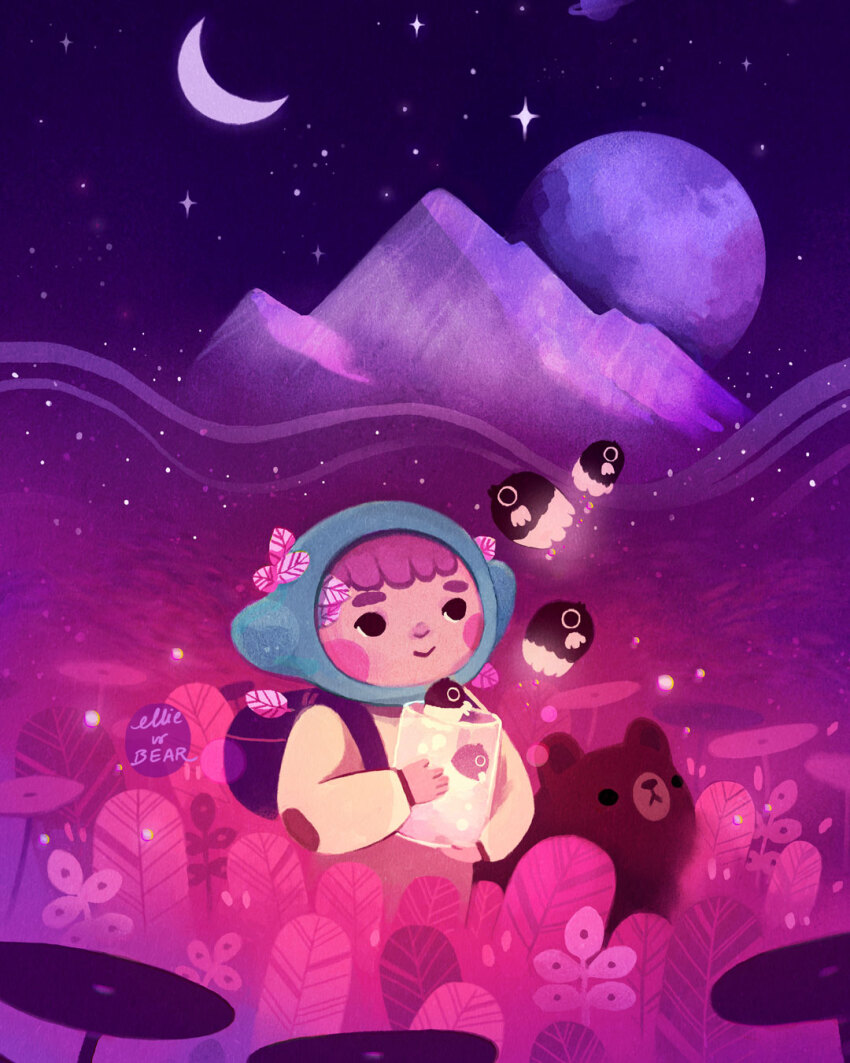 1girl animal artist_name bag bear black_eyes commentary crescent_moon ellievsbear english_commentary glowing hat highres leaf long_sleeves moon mountainous_horizon nature night night_sky original outdoors pink_hair planet plant scenery signature sky smile solid_circle_eyes solo sparkle spirit