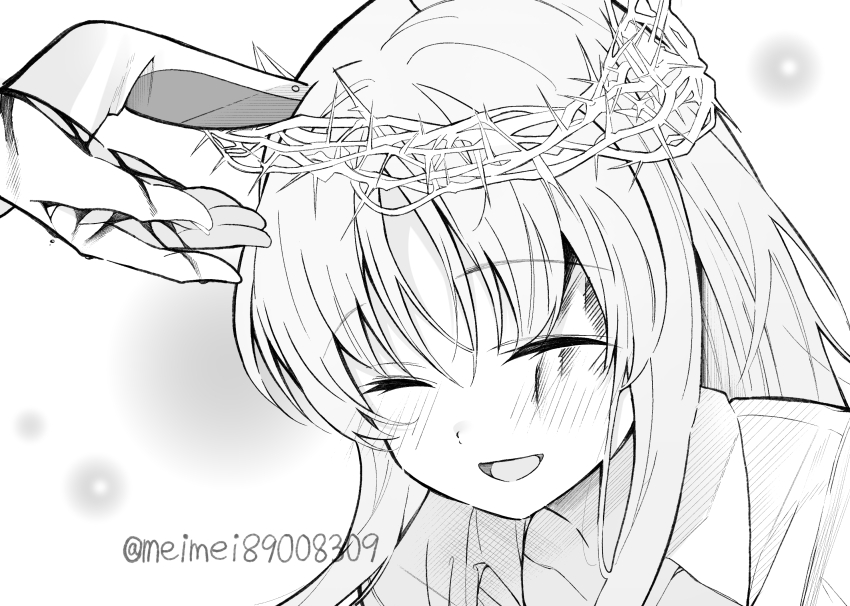 1girl 1other animal_ears blood blood_on_hands blush closed_eyes collared_shirt commentary_request crown_of_thorns greyscale highres meimei_(meimei89008309) monochrome multi-source_commentary open_mouth rabbit_ears rabbit_girl reisen_udongein_inaba shirt smile solo_focus touhou twitter_username