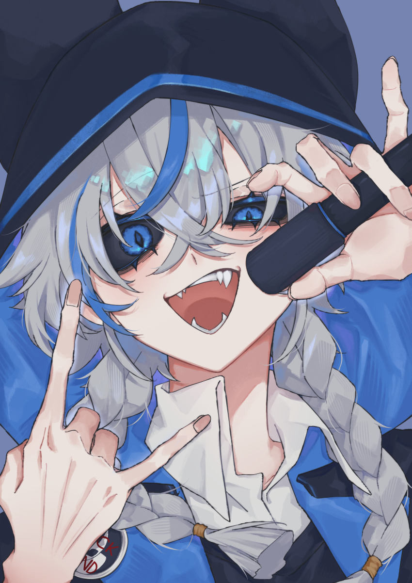 1girl \m/ absurdres alva_lorenz black_sclera blue_eyes blue_hair braided_twintails newsboy_cap colored_sclera fangs grey_hair hat highres holding holding_microphone identity_v ithaqua_(identity_v) microphone open_mouth portrait solo yuyukan_p