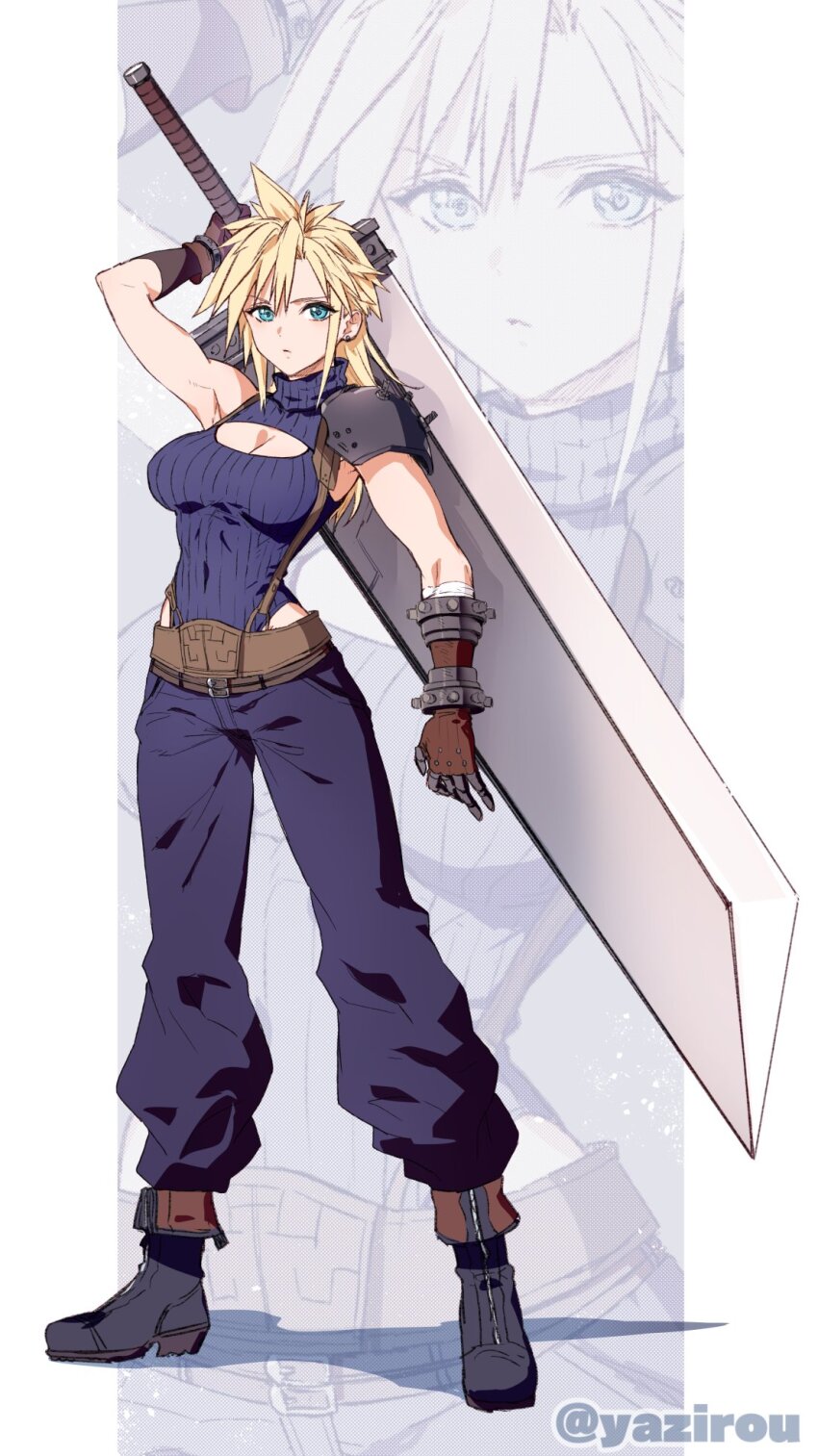 1girl armor armpits blonde_hair blue_eyes boots breasts cleavage cleavage_cutout closed_mouth clothing_cutout cloud_strife covered_navel earrings final_fantasy final_fantasy_vii full_body genderswap genderswap_(mtf) gloves highres holding holding_sword holding_weapon huge_weapon jewelry long_hair looking_at_viewer pants shoulder_armor single_earring sleeveless sleeveless_turtleneck solo sword turtleneck weapon yajiro_masaru