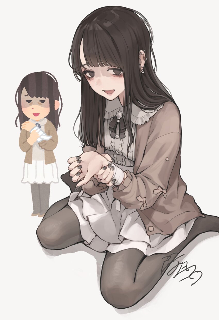 1girl absurdres bags_under_eyes bandaged_wrist bandages black_bow black_bowtie black_eyes black_nails bow bowtie brown_dress brown_hair brown_jacket brown_pantyhose collar collared_dress derivative_work dress ear_piercing frilled_collar frills highres holding_own_wrist irasutoya irasutoya_challenge jacket koh_(minagi_kou) long_hair long_sleeves looking_at_viewer nail_polish no_shoes open_clothes open_jacket open_mouth pantyhose piercing reference_inset shaded_face simple_background sitting solo wariza white_background