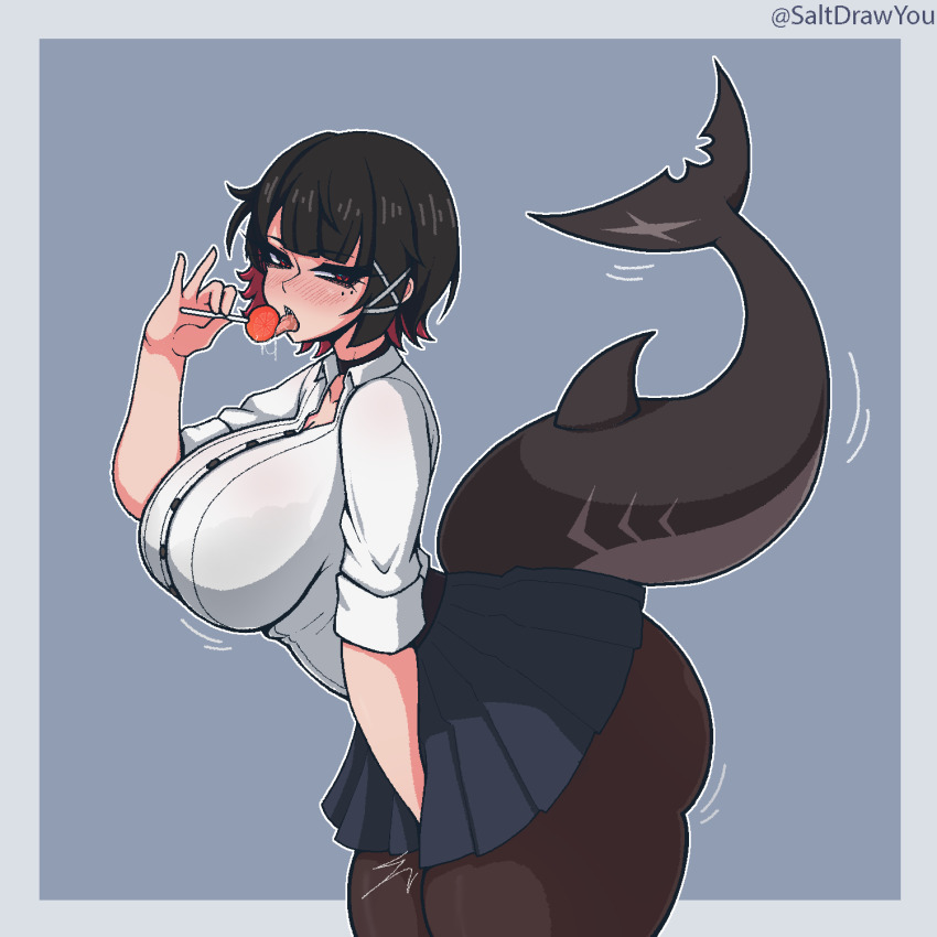 1girl absurdres artist_name bent_over between_legs black_choker black_hair black_pantyhose black_tail blue_background blue_skirt blush border bralines breasts buttons candy choker colored_inner_hair commentary ellen_joe ellen_joe_(on_campus) english_commentary fins fish_tail food from_side hair_ornament hand_between_legs hand_between_thighs hand_up highres holding holding_candy holding_food holding_lollipop huge_breasts licking lollipop looking_at_viewer mole mole_under_eye multicolored_hair multiple_moles open_mouth pantyhose red_eyes red_hair saliva saltdrawyou shark_girl shark_tail shirt short_hair skirt sleeves_rolled_up solo tail tongue tongue_out white_shirt x_hair_ornament zenless_zone_zero