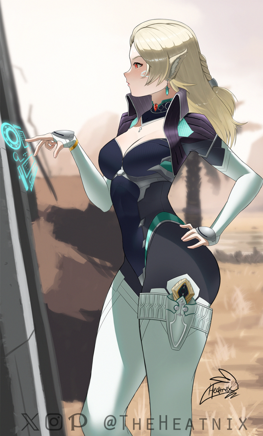1girl animal_ears ass black_bodysuit blonde_hair bodysuit breasts cleavage cleavage_cutout clothing_cutout desert gloves hand_on_own_hip highres long_hair neilnail_(xenoblade) oblivia_(xenoblade_x) red_eyes solo theheatnix thighhighs white_gloves white_thighhighs xenoblade_chronicles_(series) xenoblade_chronicles_x