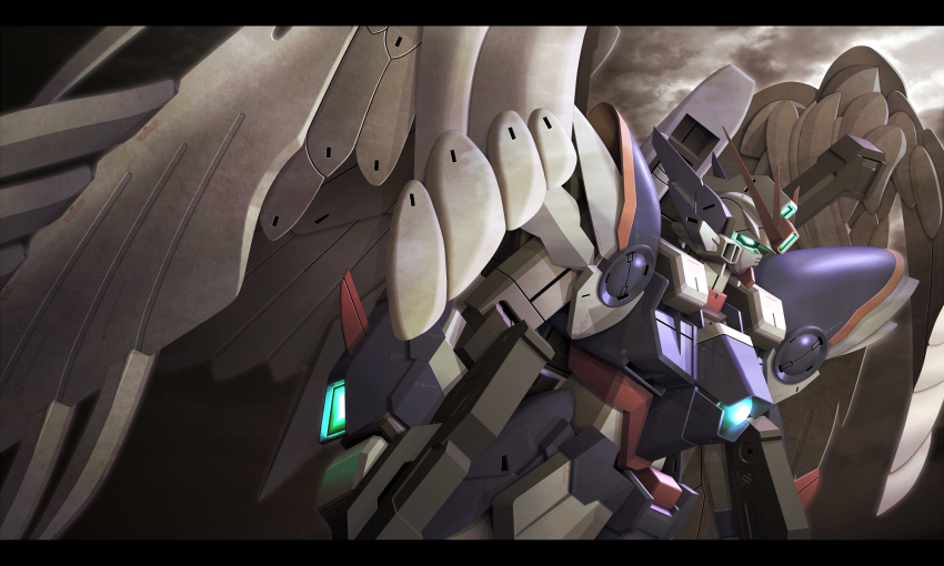 1990s_(style) beam_rifle dual_wielding energy_gun gun gundam gundam_wing gundam_wing:_endless_waltz highres holding letterboxed mecha no_humans reigan retro_artstyle robot solo weapon wing_gundam_zero_custom wings