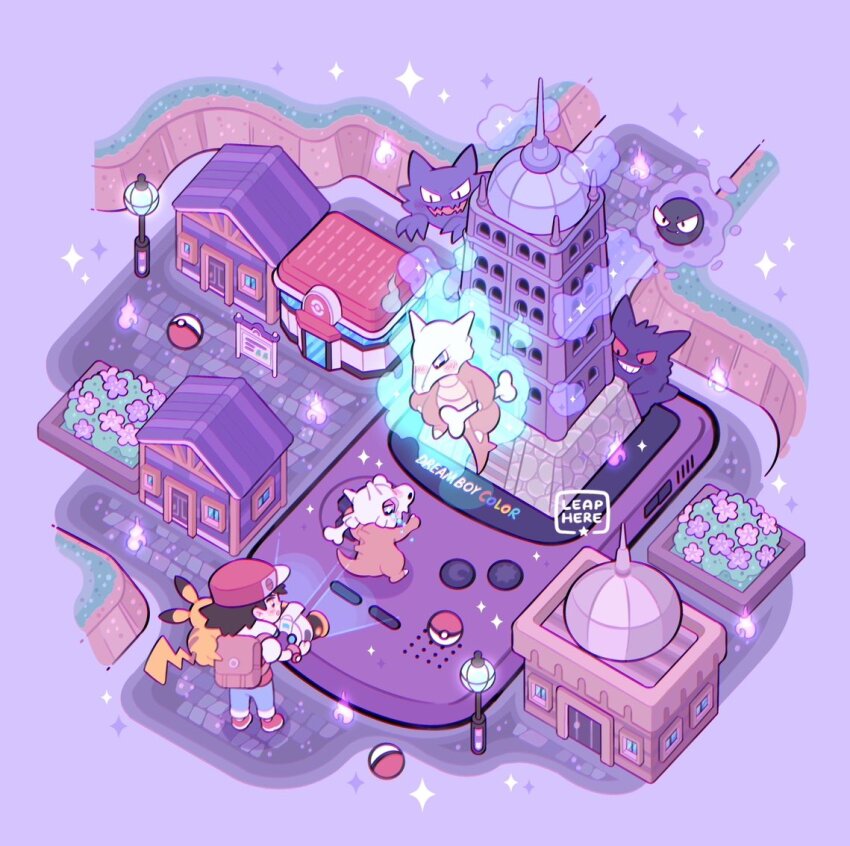 1boy artist_name backpack bag black_hair blue_pants brown_bag building bush commentary cubone flower game_boy game_boy_color gastly gen_1_pokemon gengar handheld_game_console hat haunter holding lamppost leaphere male_focus marowak nintendo pants pikachu poke_ball poke_ball_(basic) pokemon pokemon_(creature) pokemon_rgby red_(pokemon) red_footwear red_hat shoes sparkle standing star_(symbol) tower