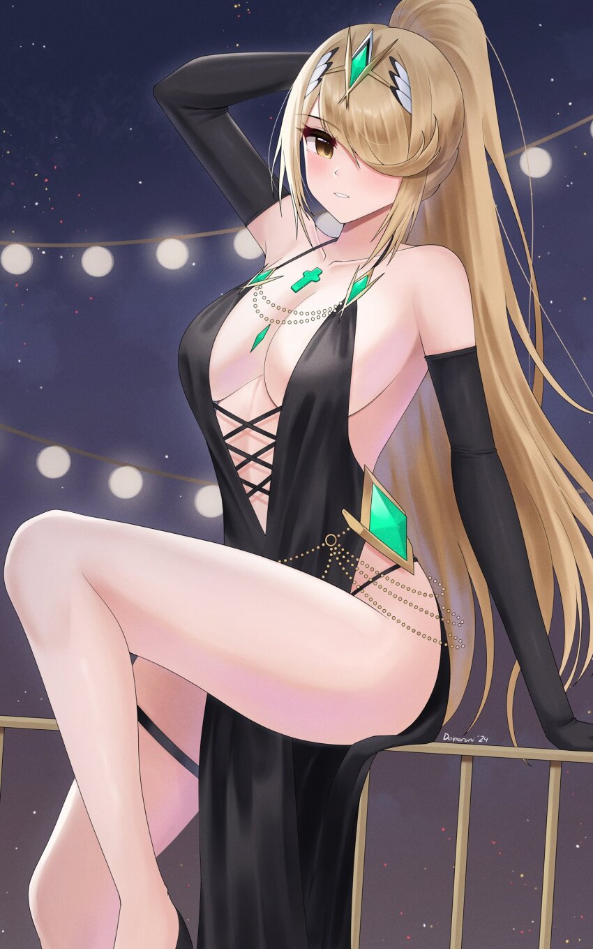 1girl bare_shoulders black_dress black_gloves blonde_hair breasts breasts_day chest_jewel cleavage cocktail_dress core_crystal_(xenoblade) doiparuni dress gloves good_breasts_day hair_over_one_eye high_ponytail highres large_breasts long_hair mythra_(xenoblade) ponytail solo tiara xenoblade_chronicles_(series) xenoblade_chronicles_2