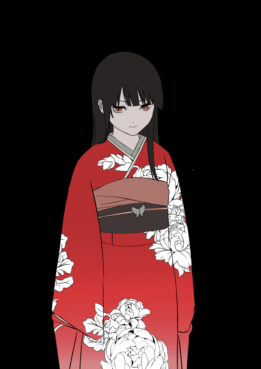 1girl black_background black_hair enma_ai floral_print highres hime_cut japanese_clothes jigoku_shoujo kakeami kimono long_sleeves obi red_eyes red_kimono sash sleeves_past_fingers sleeves_past_wrists solo wide_sleeves yukata