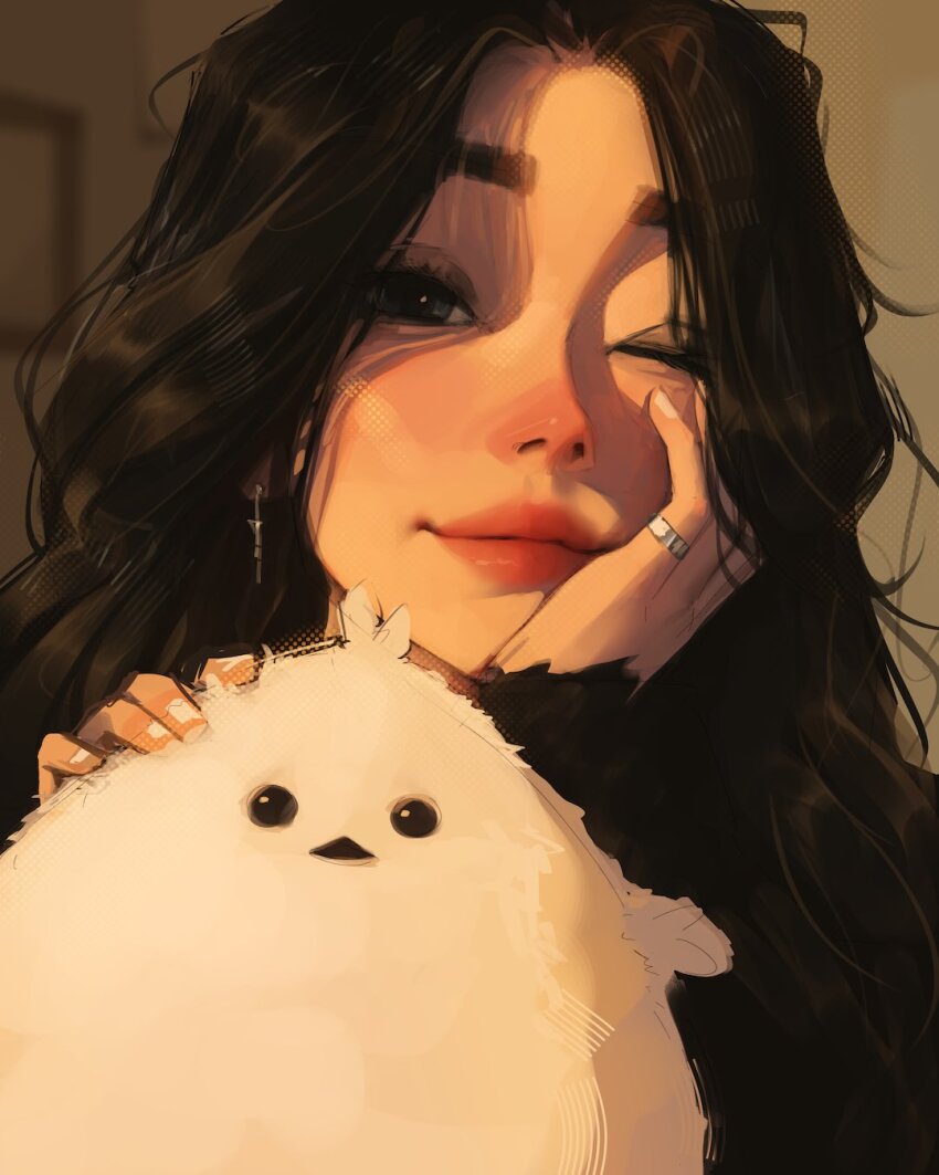 1girl black_hair closed_mouth commentary earrings english_commentary hand_on_own_face head_rest highres indoors jewelry long_hair looking_at_viewer nail_polish one_eye_closed original red_lips ring sam_yang solo stuffed_animal stuffed_bird stuffed_toy white_nails