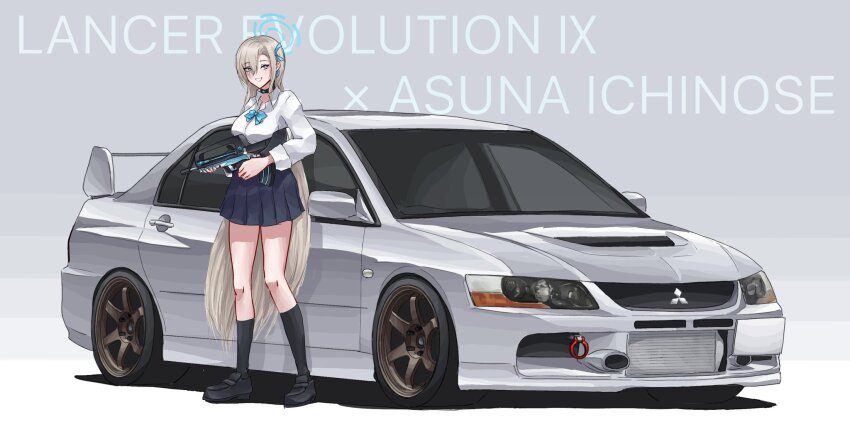 1girl assault_rifle asuna_(blue_archive) black_choker black_shoes black_socks blonde_hair blue_archive blue_eyes blue_skirt breasts bullpup car character_name choker collared_shirt famas grey_car gun highres holding holding_gun holding_weapon long_hair looking_at_viewer medium_breasts mitsubishi_lancer_evolution mitsubishi_motors motor_vehicle parted_lips pleated_skirt rifle shadow shirt shoes skirt smile socks solo spoiler_(automobile) vehicle_focus vehicle_name very_long_hair weapon white_shirt yuuki_(abekobenanda)