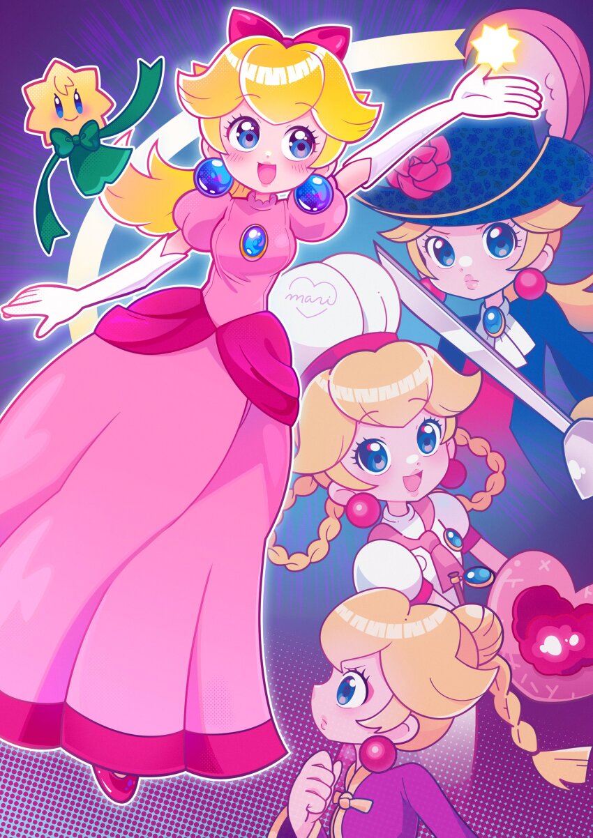 absurdres blonde_hair blue_eyes chef_hat chinese_clothes commentary cookie earrings english_commentary food hat highres holding holding_cookie holding_food holding_sword holding_weapon jewelry kung_fu_peach marikyuunn mario_(series) multiple_persona nintendo patissiere_peach princess_peach princess_peach:_showtime! stella_(peach) sword swordfighter_peach weapon