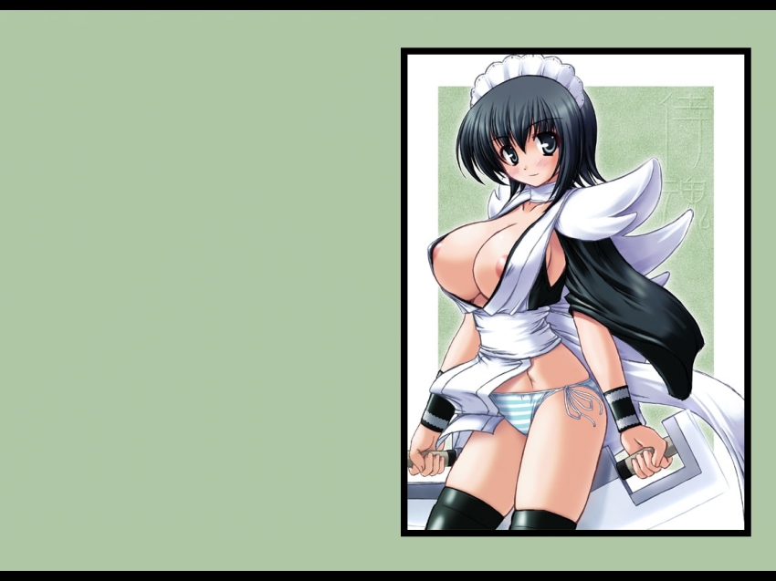 1girl abu areola_slip black_eyes black_hair black_thighhighs blue_panties blush boots bracelet breasts butterfly_swords cameltoe cleavage covered_erect_nipples dress female_focus green_background hair_ornament hairband hat highleg huge_breasts iroha_(samurai_spirits) japanese_clothes jewelry large_breasts legs lingerie looking_at_viewer maid necklace nipple_slip nipples open_clothes open_shirt panties pantyshot samurai_spirits shirt short_hair side-tie_panties sideboob simple_background snk solo standing striped_clothes striped_panties sword thigh_boots thighhighs thighs underwear weapon