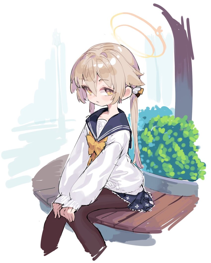1girl black_pantyhose black_sailor_collar black_skirt blue_archive blush cardigan cropped_legs feet_out_of_frame halo hifumi_(blue_archive) highres light_brown_hair long_hair long_sleeves looking_at_viewer low_twintails pantyhose parted_lips pleated_skirt sailor_collar scarlet23i0 skirt solo twintails white_cardigan yellow_eyes yellow_halo