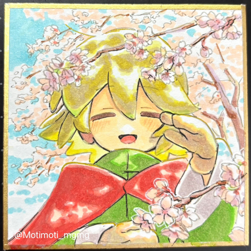 1boy artist_name blonde_hair blue_sky border branch brown_gloves cape cherry_blossoms closed_eyes coat deformed double-parted_bangs facing_viewer flower gloves green_coat hand_on_own_chest hand_up happy layered_sleeves light_blush long_sleeves male_focus motimoti_mgmg no_nose open_mouth otomo_(puyopuyo) pink_flower puyopuyo red_cape sidelocks sky solo straight-on traditional_media upper_body white_sleeves wind yellow_border
