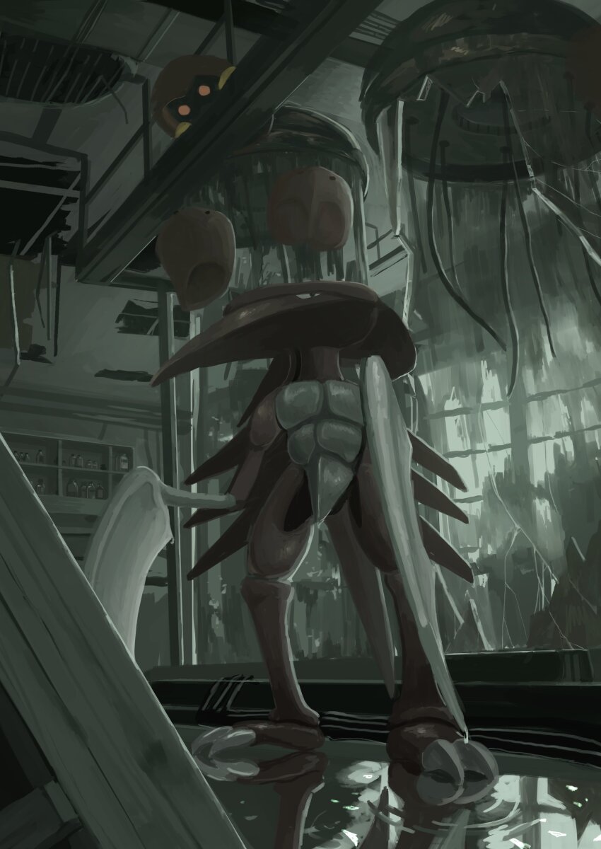 absurdres black_eyes ceiling ceiling_light claws commentary_request evolutionary_line gen_1_pokemon highres indoors kabuto_(pokemon) kabutops king_joe_(neoroto) looking_up nintendo no_humans pokemon pokemon_(creature) pokemon_focus reflection ripples shelf spikes standing water