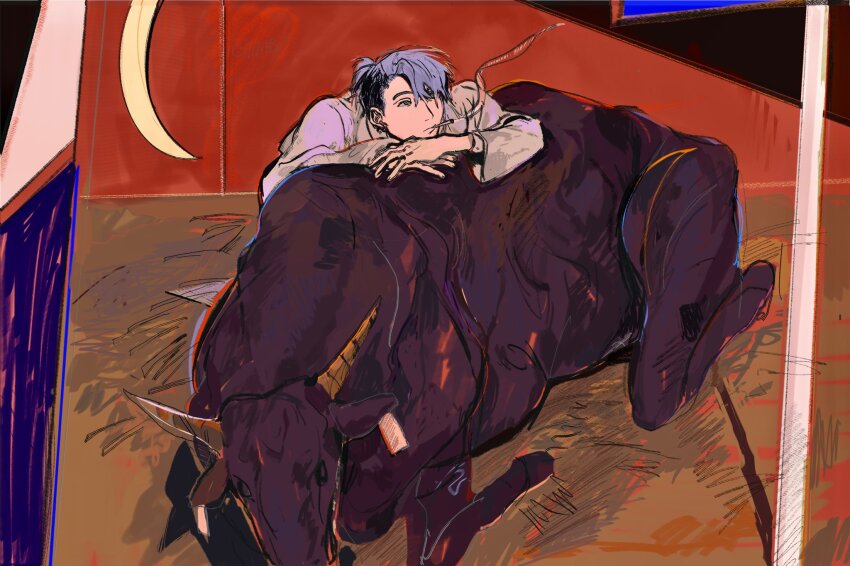 1boy animal barn cigarette cow grey_eyes grey_hair highres indoors leaning_on_animal male_focus original shirt short_hair smoking solo umisida very_short_hair