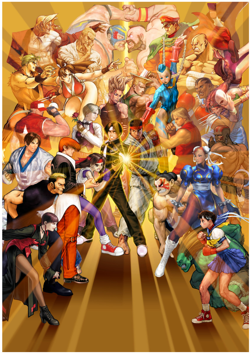 6+boys 6+girls absurdres artist_collaboration balrog_(street_fighter) bengus blanka blue_sailor_collar blue_skirt border braid cammy_white capcom capcom_vs_snk chun-li confrontation crossover cummerbund dai-chan dhalsim dougi e._honda edaki_shin&#039;ya everyone fatal_fury game_cg geese_howard gloves guile harumaru headband high_heels highres hiroaki_(kof) ikeno_daigo kasugano_sakura ken_masters kim_kaphwan king_(snk) kita_senri kusanagi_kyou long_hair loose_socks m._bison mera_jin mori_toshiaki multiple_boys multiple_girls muscular nikaidou_benimaru nishimura_kinu non-web_source official_art pantyhose parted_bangs pelvic_curtain poster_(medium) purple_gloves raiden_(snk) red_gloves red_headband rugal_bernstein ryou_sakazaki ryuuko_no_ken sagat sailor_collar sash school_uniform senno_aki serafuku shiranui_mai shoes short_hair skirt sneakers snk socks spandex street_fighter sunburst terry_bogard the_king_of_fighters vega_(street_fighter) vice_(kof) white_border white_headband yagami_iori yamazaki_ryuuji yasuda_akira yellow_collar yellow_sash yuri_sakazaki zangief