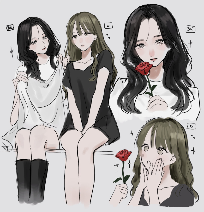 2girls absurdres aoiame black_footwear black_hair black_shirt blush boots closed_mouth flower flying_sweatdrops green_hair grey_background grey_eyes hand_on_own_face highres holding holding_flower japan-korea_yuri_(meme) japanese_flag knee_boots long_hair looking_at_another meme multiple_girls original parted_lips red_flower red_rose rose shirt simple_background sitting smile south_korean_flag sparkle white_shirt yuri