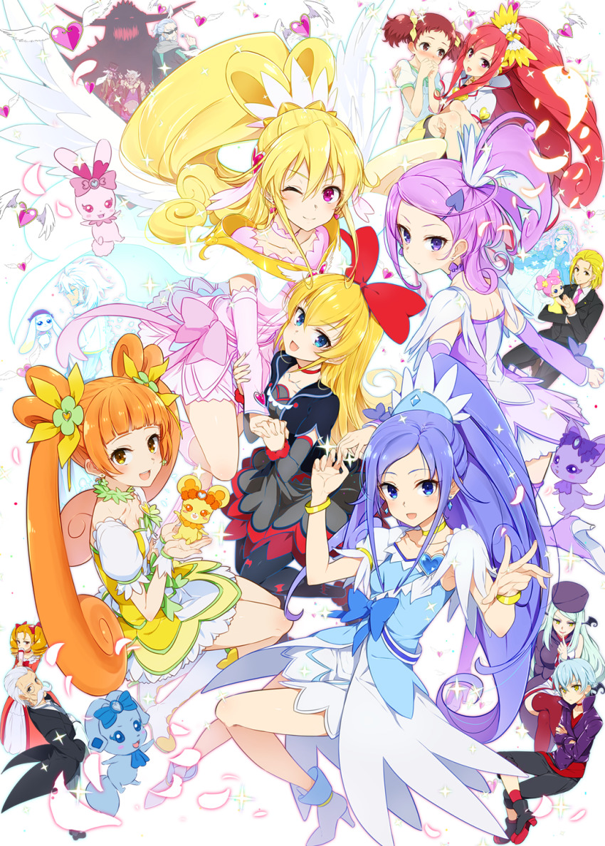 6+boys 6+girls ;) ai-chan_(dokidoki!_precure) aida_mana arm_grab bebel_(dokidoki!_precure) bel_(dokidoki!_precure) black_dress black_pantyhose blonde_hair blue_dress blue_eyes blue_hair bracelet carrying child_carry choker commentary cure_ace cure_diamond cure_heart cure_rosetta cure_sword davi_(dokidoki!_precure) dokidoki!_precure dress earrings floating gula_(dokidoki!!_precure) hair_ornament heart heart_earrings highres hishikawa_rikka ira_(dokidoki!_precure) itsutsuboshi_reina jewelry joe_okada kenzaki_makoto king_jikochuu leva_(dokidoki!_precure) long_hair looking_at_viewer madoka_aguri magical_girl mamo_(dokidoki!_precure) marie_ange marsh_(dokidoki!_precure) medium_dress minatsuki_randoseru morimoto_eru multiple_boys multiple_girls one_eye_closed orange_eyes orange_hair pantyhose pink_dress pink_eyes ponytail precure princess_carry purple_dress purple_eyes purple_hair rakeru_(dokidoki!_precure) rance_(dokidoki!_precure) red_choker regina_(dokidoki!_precure) sebastian_(dokidoki!_precure) sharuru_(dokidoki!_precure) short_dress short_hair smile swept_bangs twintails yellow_dress yotsuba_alice