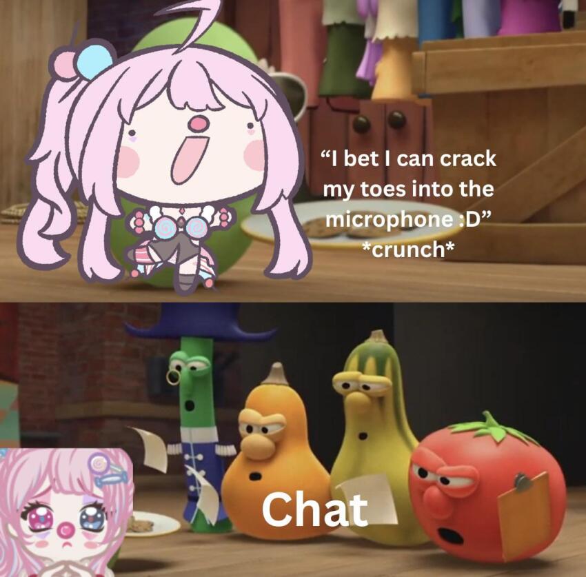 1girl ahoge blue_eyes chibi clown_girl clown_nose heterochromia indie_virtual_youtuber lolliepop meme pink_hair red_eyes veggietales virtual_youtuber