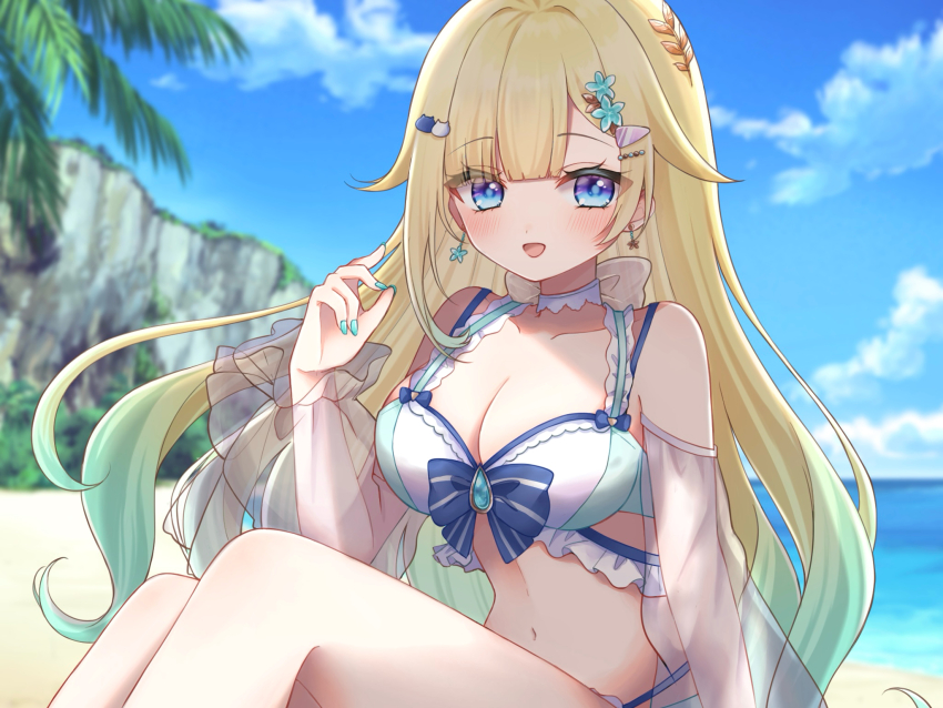 1girl aizawa_ema aizawa_ema_(vspo!_summer_2024) aqua_bikini aqua_gemstone aqua_hair beach bikini blonde_hair blue_bow blue_eyes blue_nails blue_sky blush bow bow_bikini breasts cat_hair_ornament choker cloud day detached_sleeves earrings flower flower_earrings frilled_bikini frills gem gradient_hair hair_flaps hair_flower hair_ornament hairclip highres jewelry lace lace-trimmed_bikini lace_trim large_breasts long_hair looking_at_viewer mismatched_earrings multi-strapped_bikini_bottom multicolored_bikini multicolored_hair navel ocean open_mouth outdoors palm_tree rock see-through_clothes see-through_sleeves sitting sky smile solo swimsuit tama_3355 tree two-tone_bikini very_long_hair virtual_youtuber vspo! water white_bikini white_bow white_choker