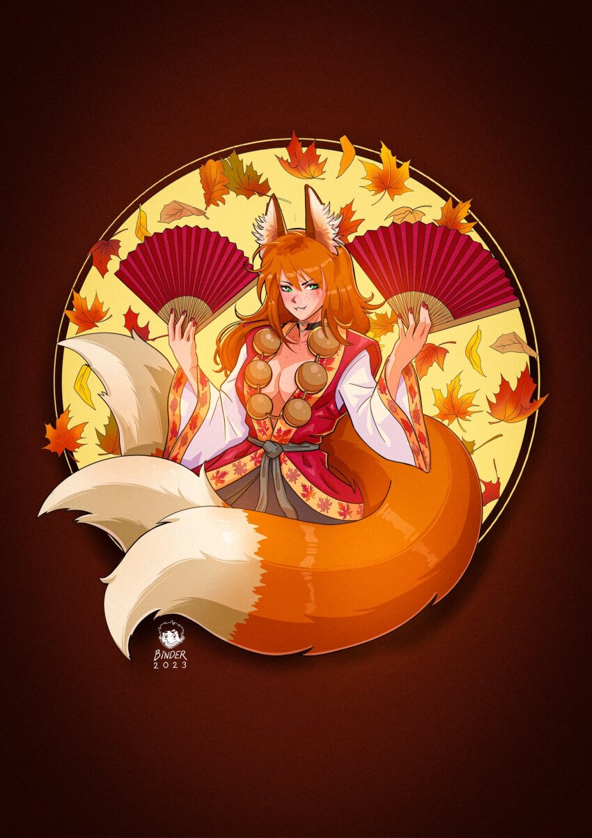 1girl 2023 :3 animal_ear_fluff animal_ears autumn_leaves bernhard_binder breasts choker cleavage commentary english_commentary fangs folding_fan fox_ears fox_tail green_eyes hand_fan heart heart_o-ring highres holding holding_fan jewelry kitsune large_breasts leaf leaf_print long_hair maple_leaf_print multiple_tails necklace o-ring o-ring_choker orange_hair original plunging_neckline red_nails signature solo tail upper_body