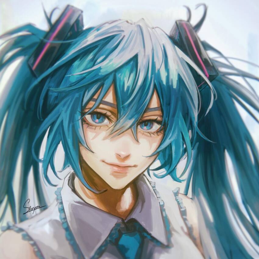 bare_shoulders blue_eyes blue_hair blue_necktie hatsune_miku highres lips looking_at_viewer necktie portrait signature smile staryoruu twintails vocaloid white_background