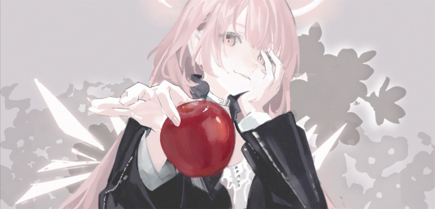 1girl apple arknights black_jacket choker closed_mouth detached_wings energy_wings food fruit halo hand_on_own_face highres jacket lemuen_(arknights) long_hair long_sleeves looking_at_viewer pink_hair shirt solo white_shirt wings xiao_chichi