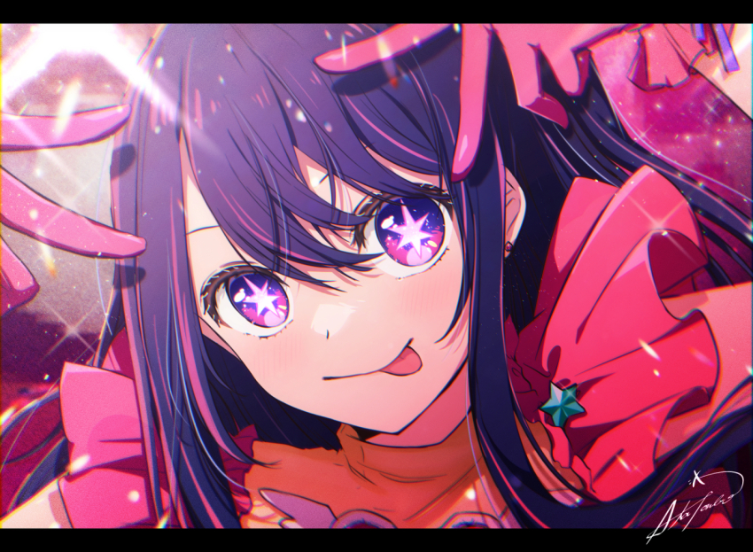 1girl aka_tonbo_(lililil) blush commentary_request double_v dress earrings frilled_dress frills gloves hoshino_ai idol jewelry letterboxed long_hair multicolored_hair oshi_no_ko pink_dress pink_gloves purple_eyes purple_hair signature solo star-shaped_pupils star_(symbol) streaked_hair stud_earrings symbol-shaped_pupils tongue tongue_out turtleneck turtleneck_dress v
