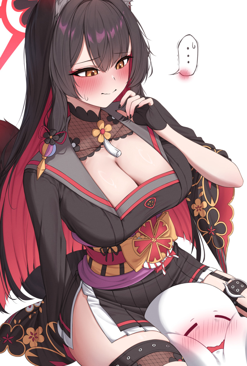 ... 1girl absurdres animal_ears between_thighs black_gloves black_hair black_nails black_sailor_collar black_skirt blue_archive blush breasts cleavage closed_mouth colored_inner_hair commentary doodle_sensei_(blue_archive) fingerless_gloves fingernails floral_print_sleeves fox_ears fox_girl gloves gyu_chul head_between_thighs highres large_breasts long_hair multicolored_hair nail_polish nose_blush red_hair sailor_collar sensei_(blue_archive) side_slit simple_background sitting skirt spoken_ellipsis thick_thighs thighs wakamo_(blue_archive) white_background white_skirt wide_sleeves yellow_eyes
