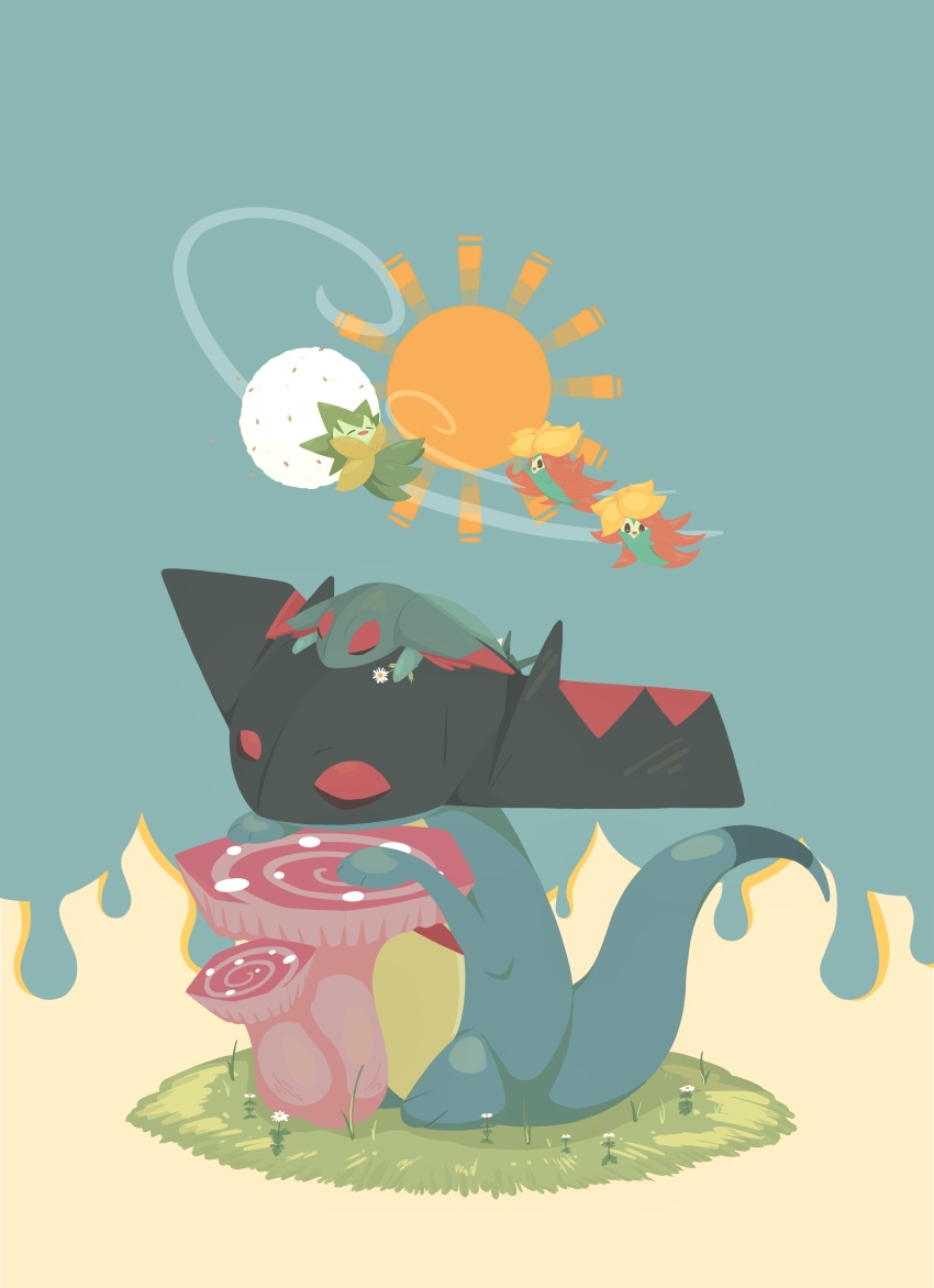 absurdres animal_focus closed_eyes drakloak dreepy eldegoss flower flying full_body gen_8_pokemon gossifleur grass highres mushroom nintendo no_humans o_0-zzz pokemon pokemon_(creature) sleeping sun two-tone_background white_flower wind