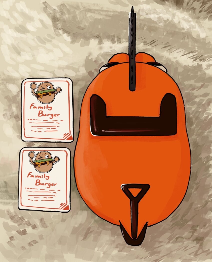 absurdres chainsaw chainsaw_man commentary creature creature_focus english_commentary family_burger_mascot_(chainsaw_man) from_above goldenpenhd highres no_humans photo-referenced pochita_(chainsaw_man) sauce_packet solo tail